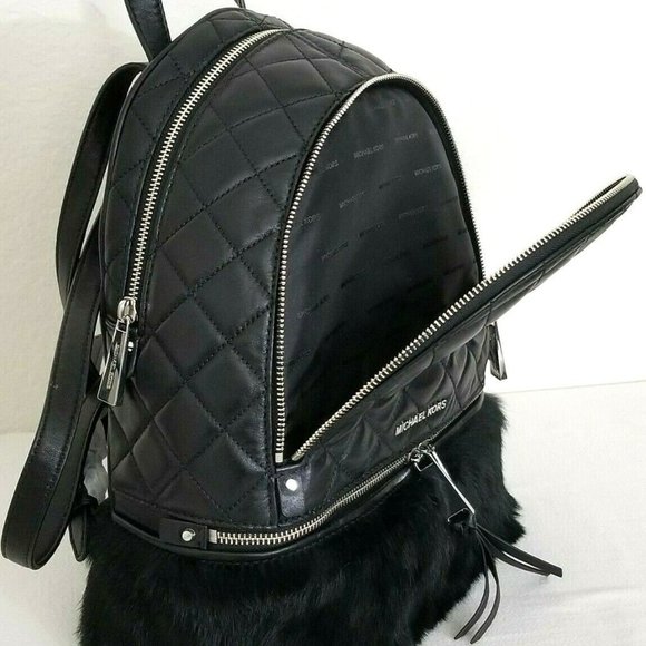 MICHAEL KORS RHEA ZIP MEDIUM BACKPACK BLACK QUILT LEATHER RABBIT FUR BAG NWT! - Picture 8 of 12